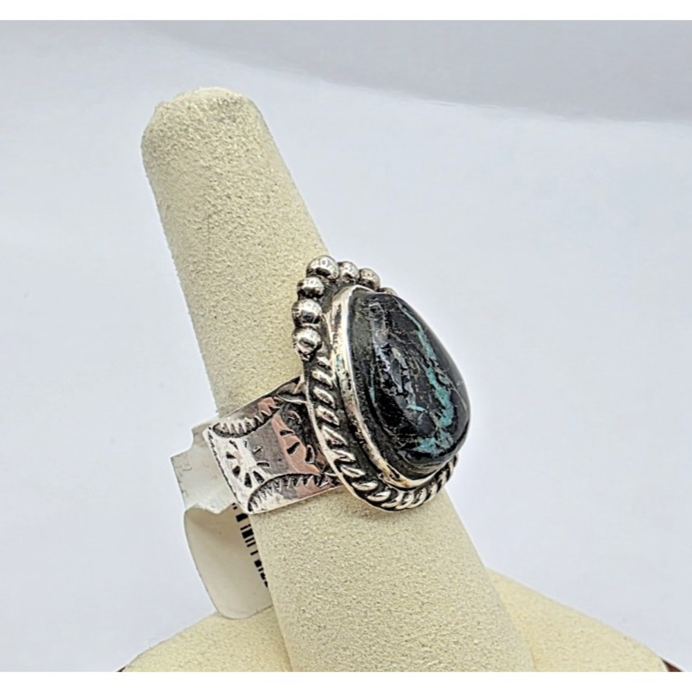 Boulder Ribbon Turquoise Ring Sterling Silver Size 7.5 Signed Sterling 8M Teardr
